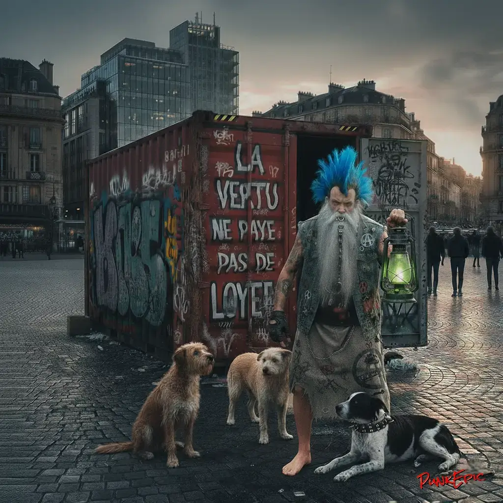 Illustration punk de Diogène vivant dans un container - IA.