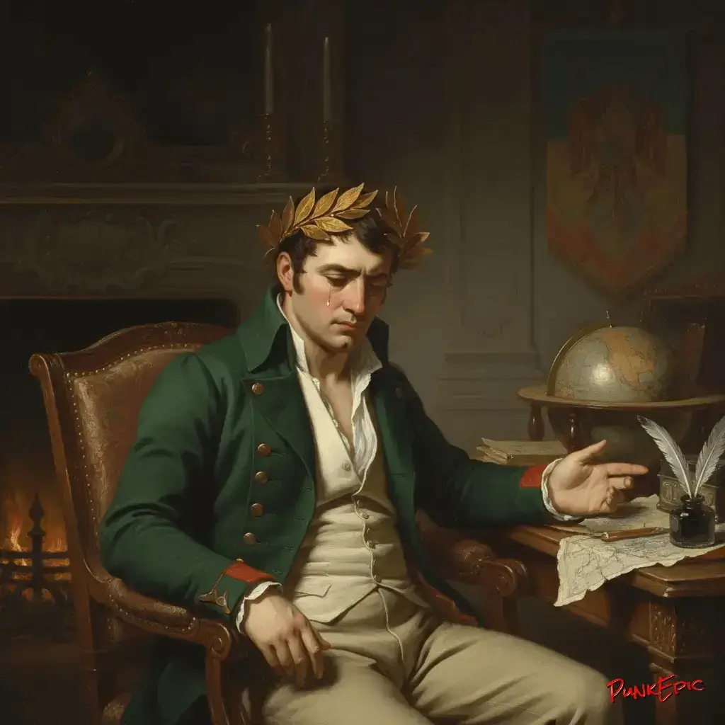 Napoléon triste avec une couronne de laurier de travers